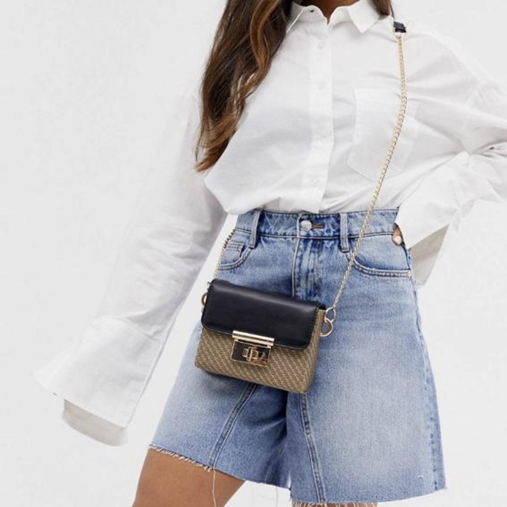 ASOS MONOGRAM CROSS BODY SHOULDER BAG WITH GOLD CHAIN